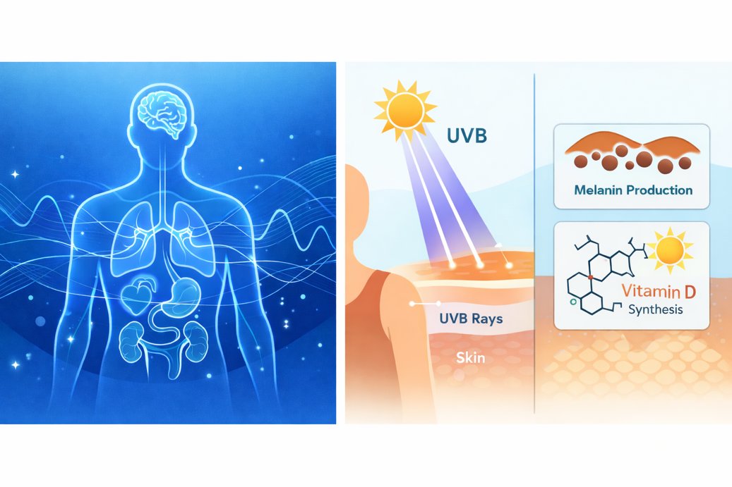 Sunlight and UVB stimulating melanin production and Vitamin D synthesis in the skin