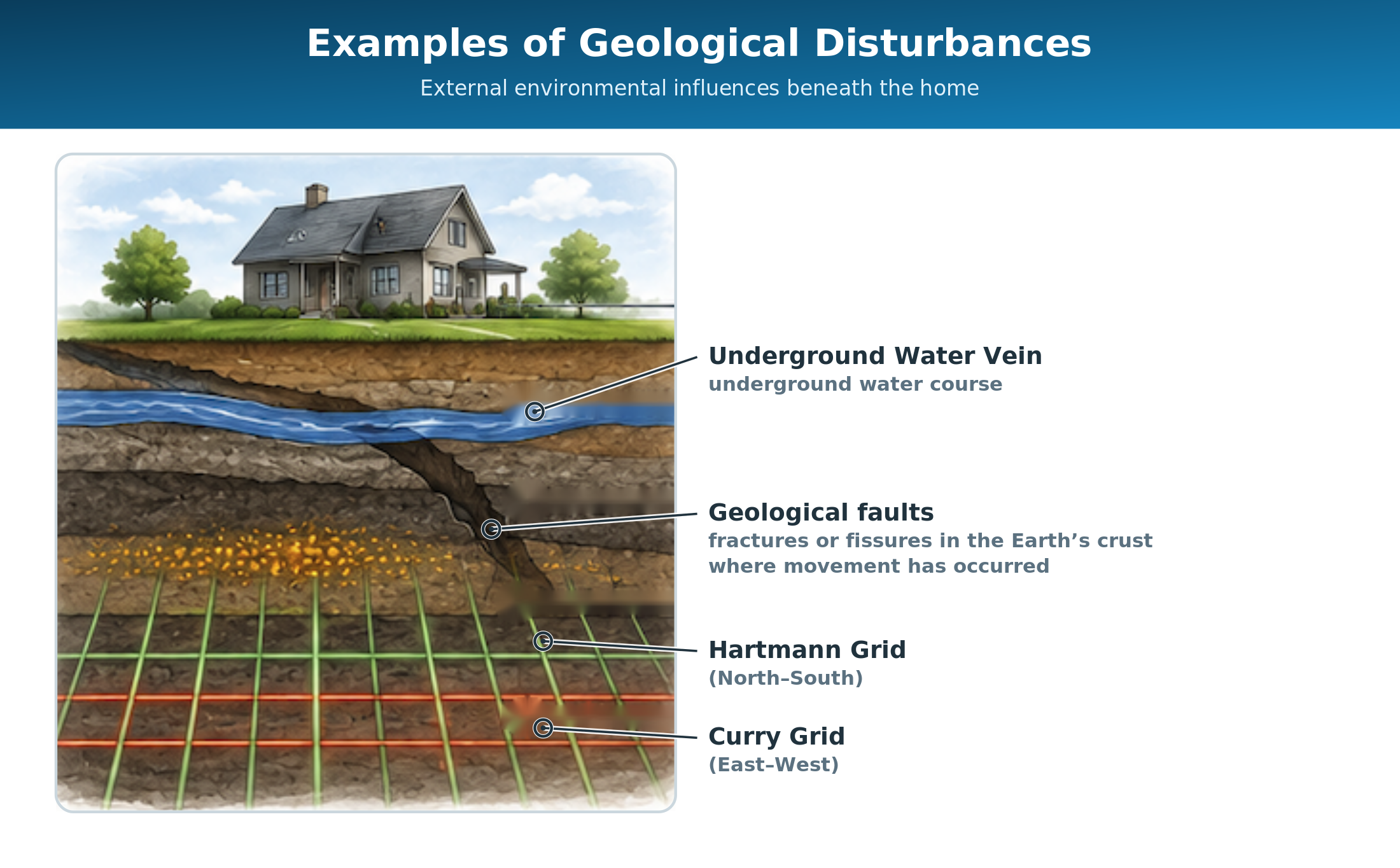 Cross-section of geological disturbances beneath a home: underground water vein, geological fault line, Hartmann grid (north-south) and Curry grid (east-west)
