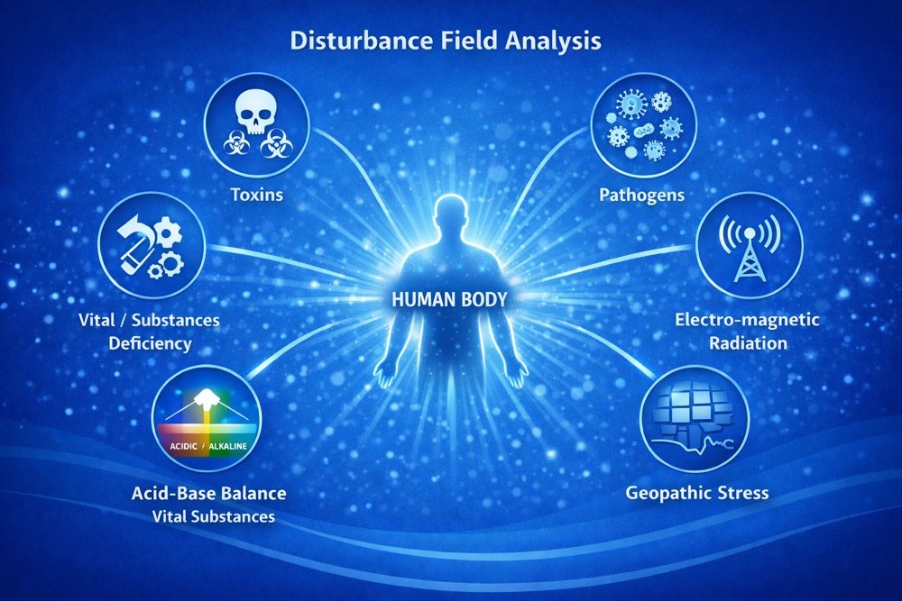 Disturbance Field Analysis: the human body surrounded by toxins, pathogens, vital substance deficiency, electro-magnetic radiation, geopathic stress and acid-base balance