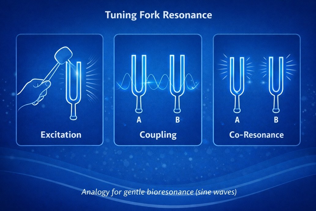 Tuning fork resonance analogy: excitation, coupling and co-resonance